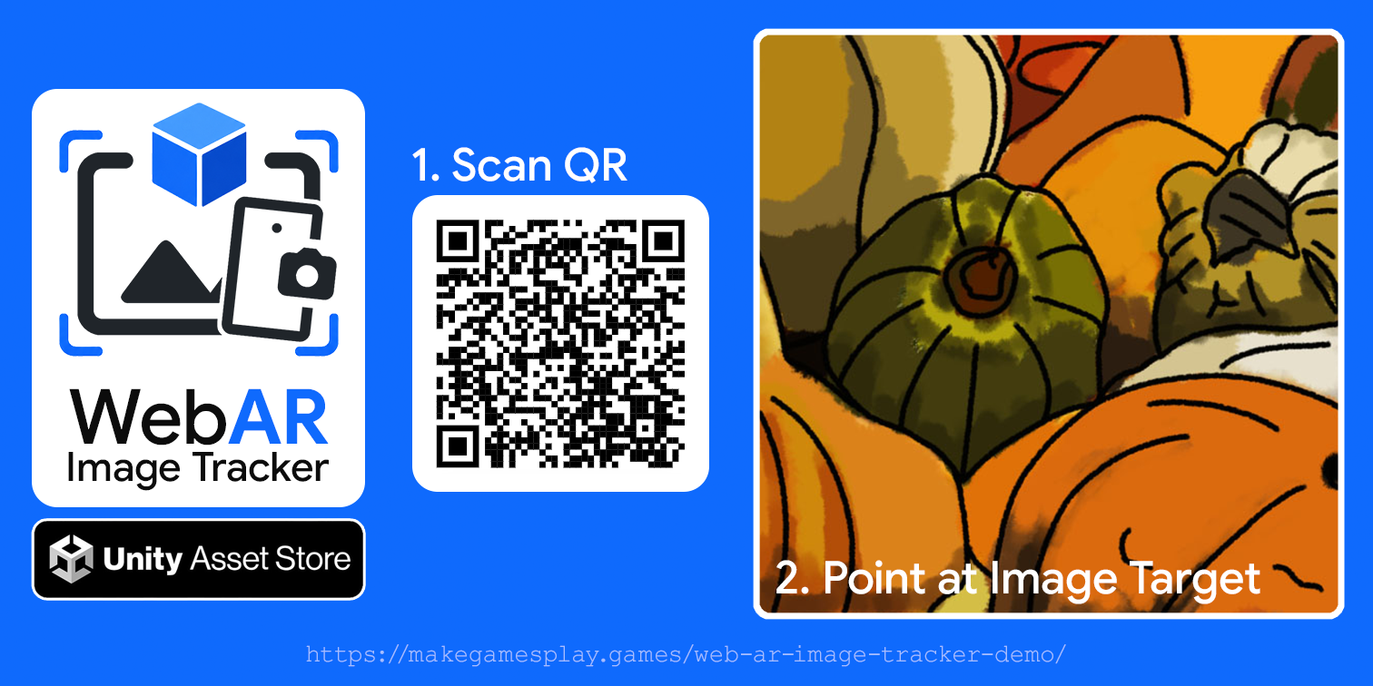 Demo card showing the WebAR Image Tracker logo, a QR code that opens the demo,
and the pumpkin artwork that acts as the image target